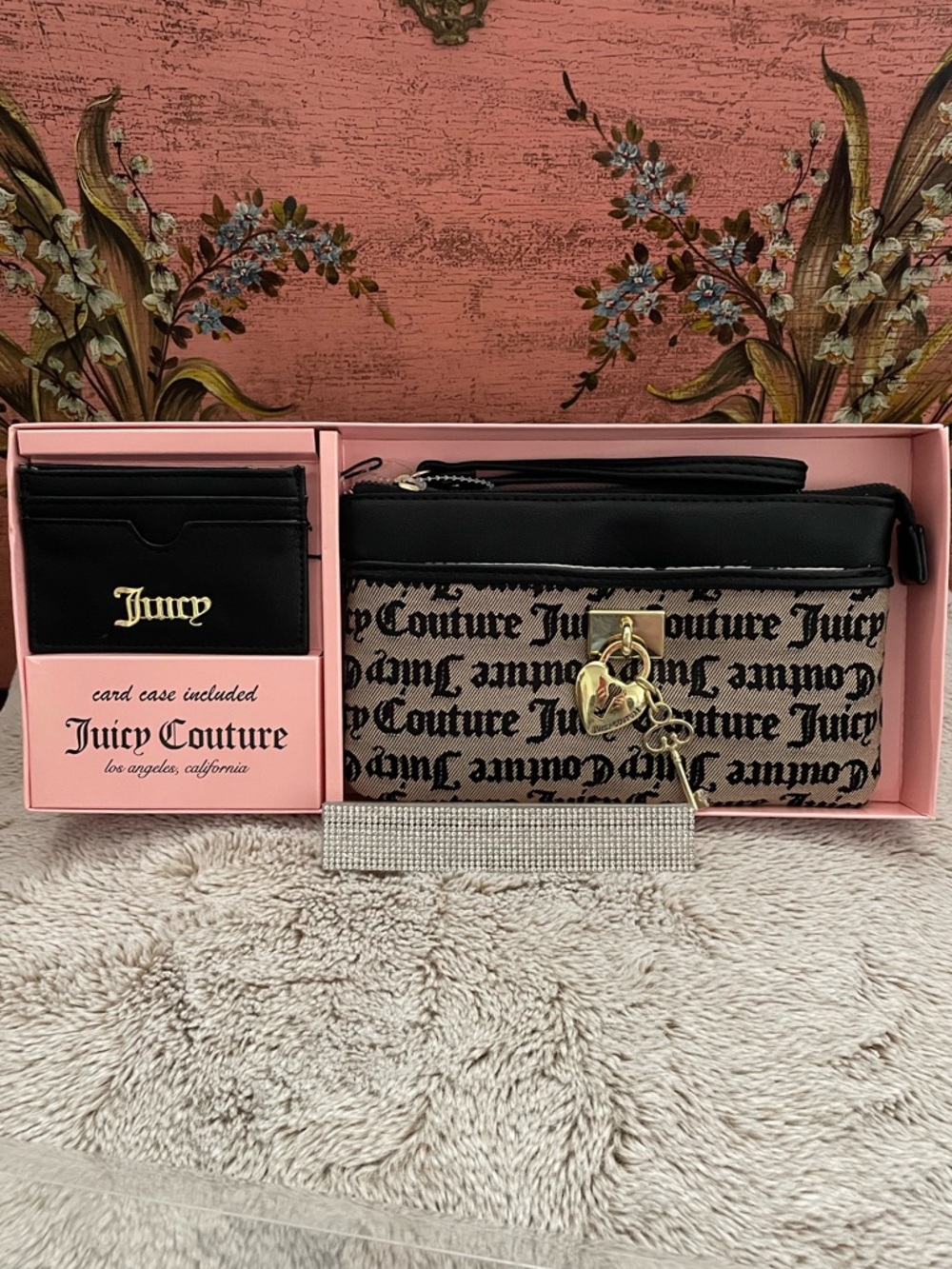 Juicy Couture Black & Beige Logo Wristlet with Gold Heart Charm and Card Case